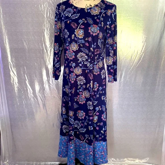 Talbots Womens Efforthless Jersey Navy and Pink Paisley Midi Dress 3/4  Sleeves